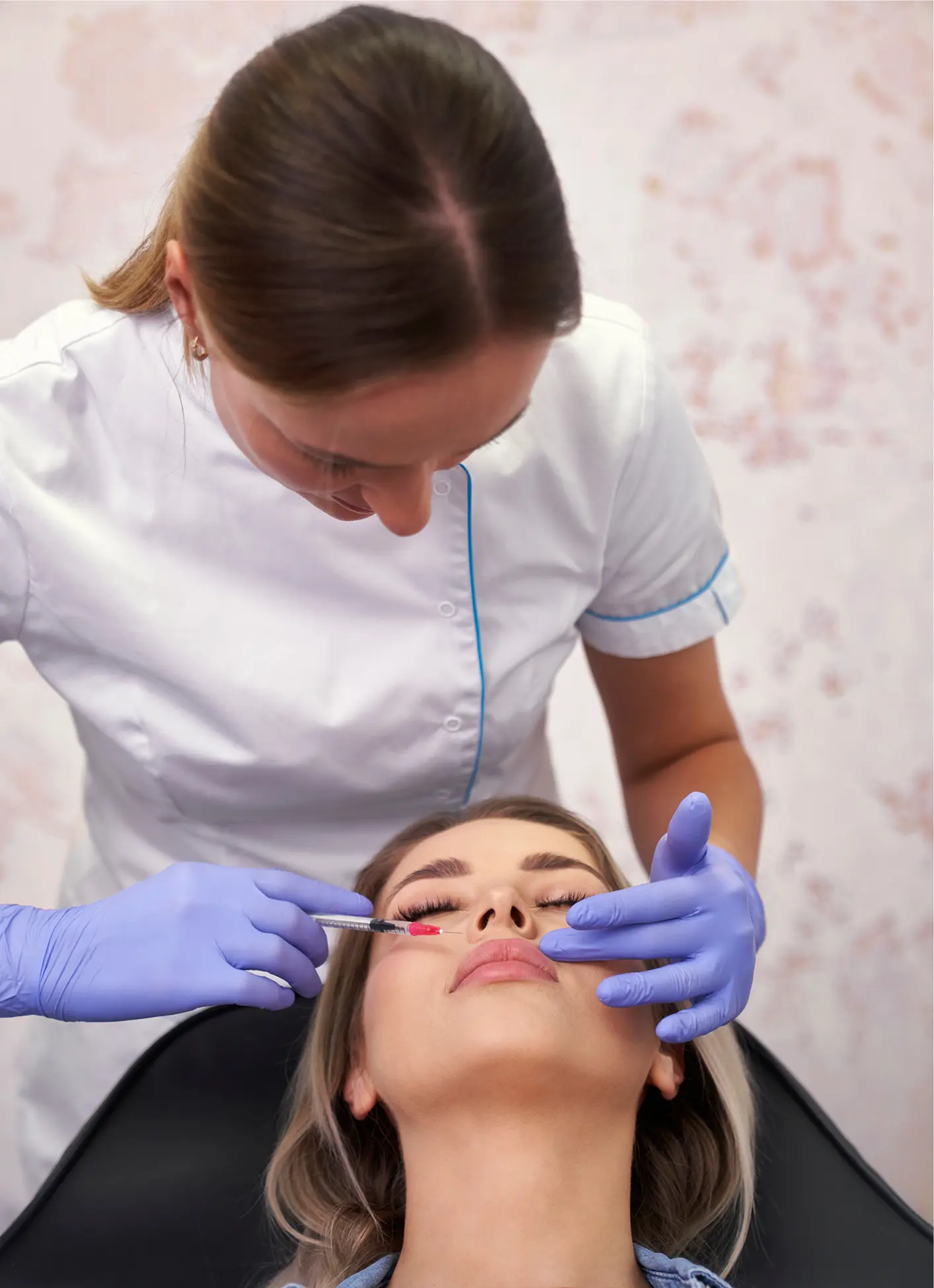 Cosmetic procedure with syringe and gloves